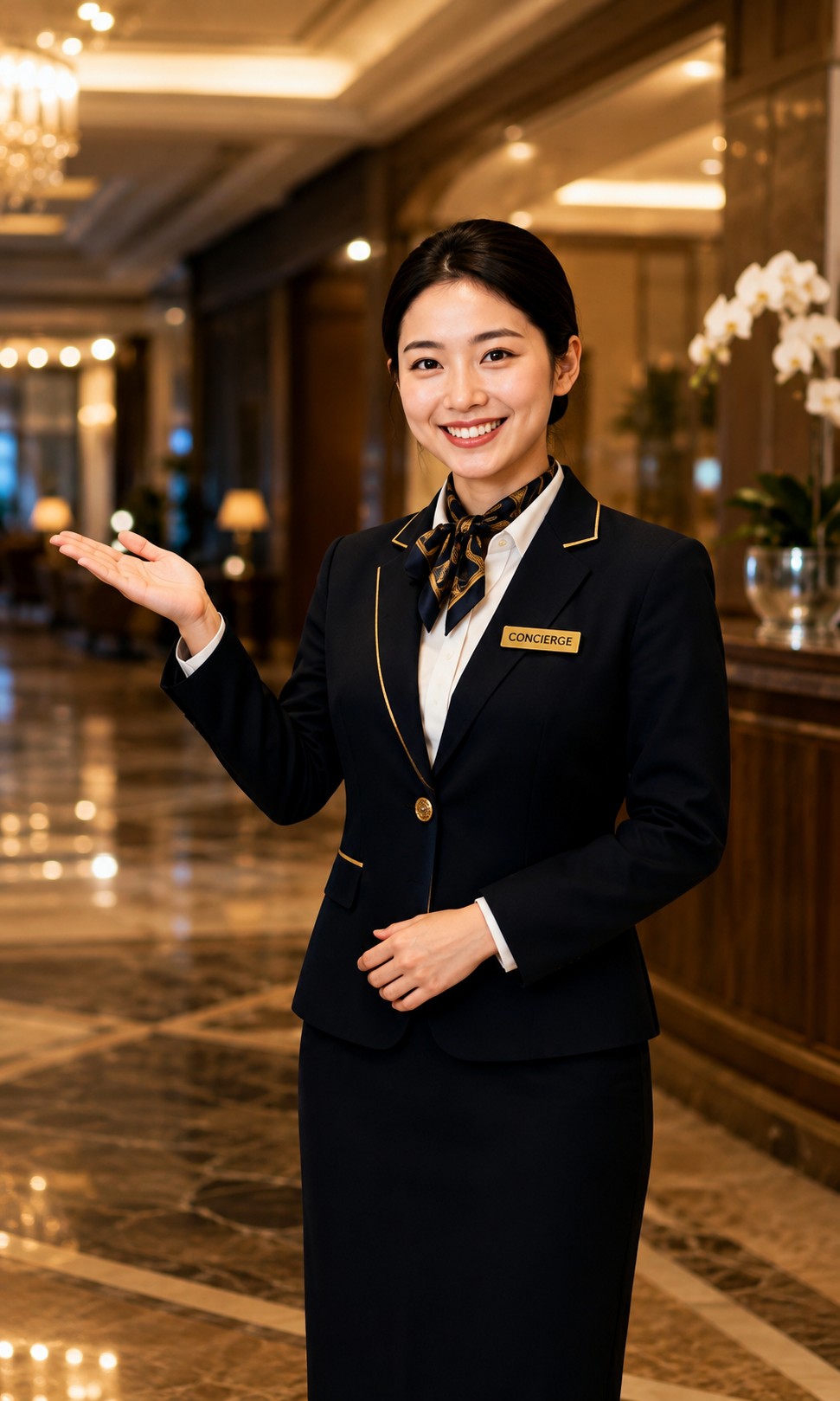 Nữ concierge khách sạn giới thiệu Vietnam Explorer Pass tại sảnh lễ tân
